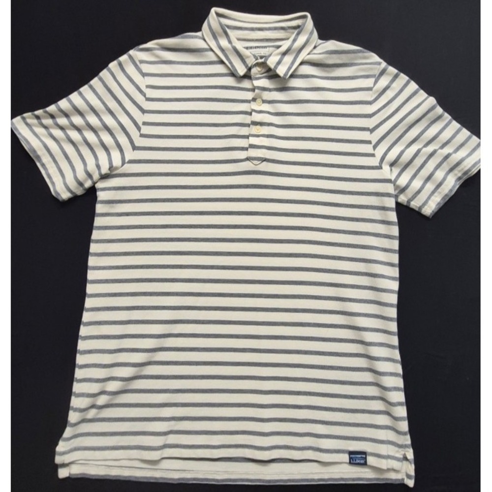 LL Bean men's white gray striped polo shirt SM traditional fit stretch Cotton